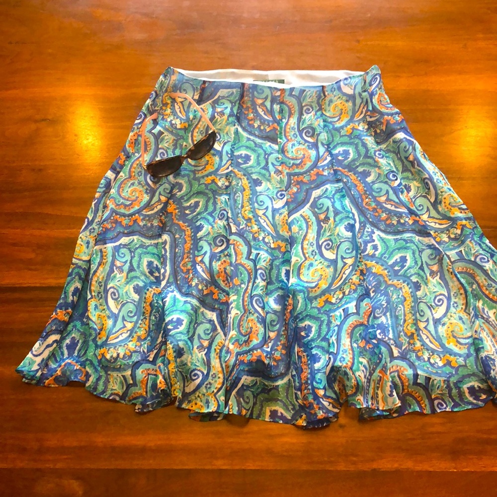 Ralph Lauren, chiffon Paisley, a line ruffle mini skirt, blue orange size 10